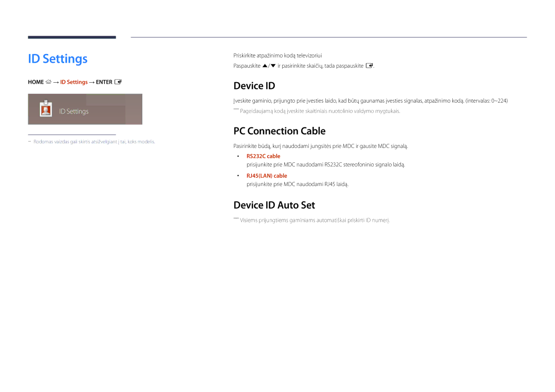 Samsung LH82DMDPLBC/EN manual ID Settings, PC Connection Cable, Device ID Auto Set 