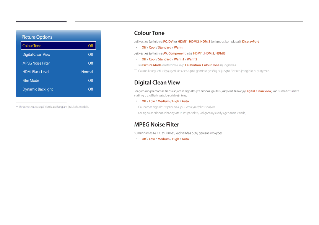 Samsung LH82DMDPLBC/EN manual Colour Tone, Digital Clean View, Mpeg Noise Filter, Off / Cool / Standard / Warm 