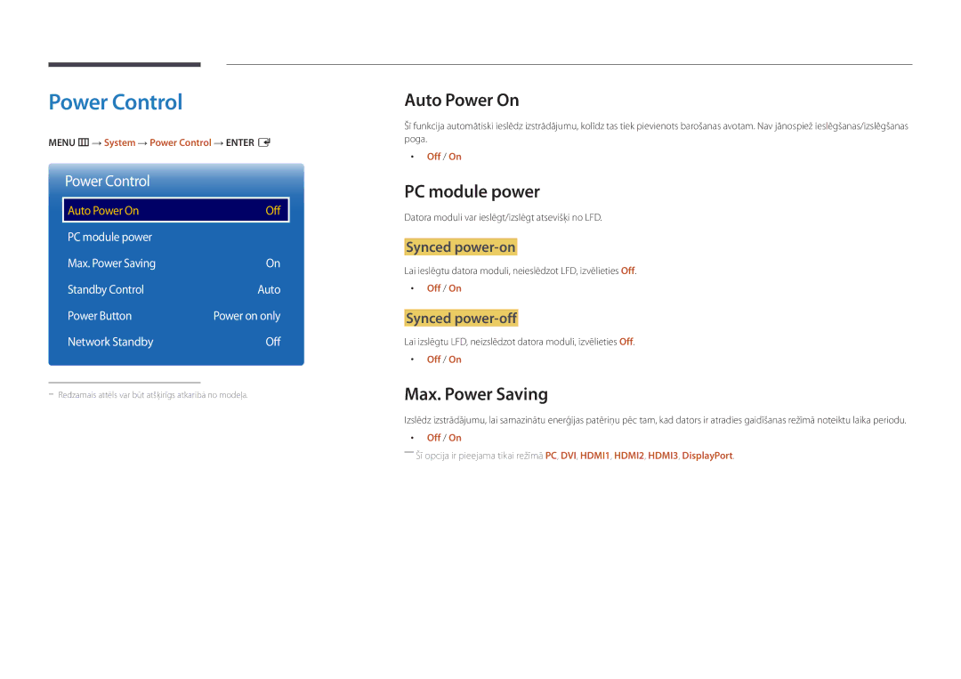 Samsung LH82DMDPLBC/EN manual Power Control, Auto Power On, PC module power, Max. Power Saving 