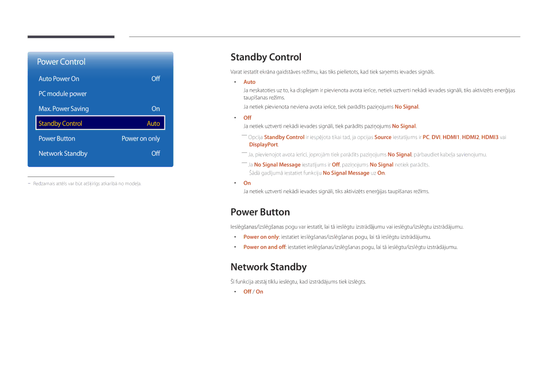 Samsung LH82DMDPLBC/EN Standby Control, Power Button, Network Standby, Auto Power On Off PC module power Max. Power Saving 