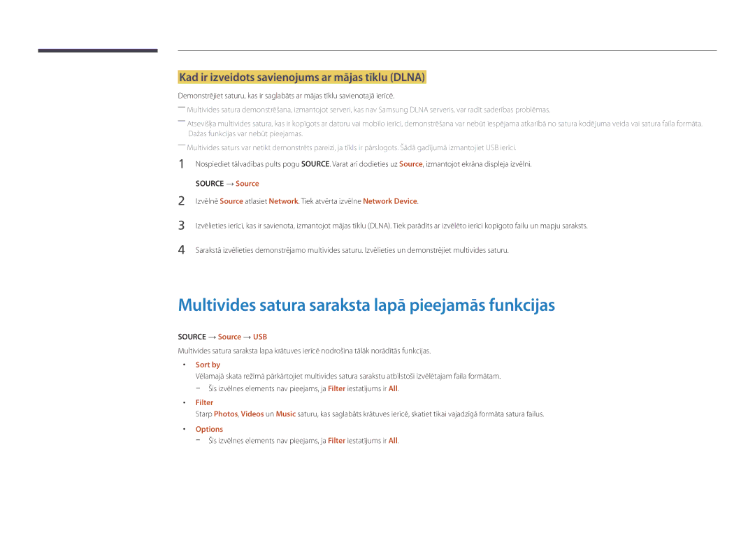 Samsung LH82DMDPLBC/EN manual Multivides satura saraksta lapā pieejamās funkcijas, Source → Source → USB, Filter 