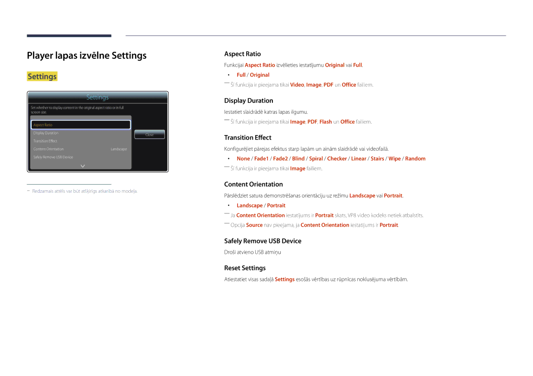 Samsung LH82DMDPLBC/EN manual Player lapas izvēlne Settings, Full / Original, Landscape / Portrait 