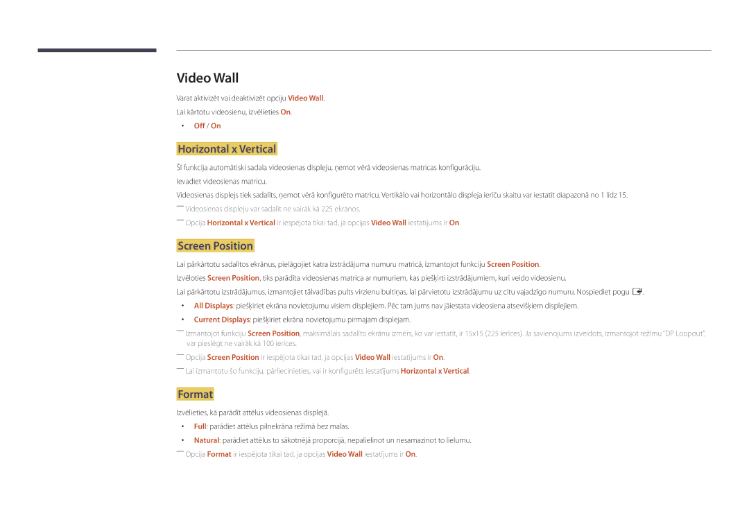 Samsung LH82DMDPLBC/EN manual Video Wall, Horizontal x Vertical, Screen Position, Format, Off / On 