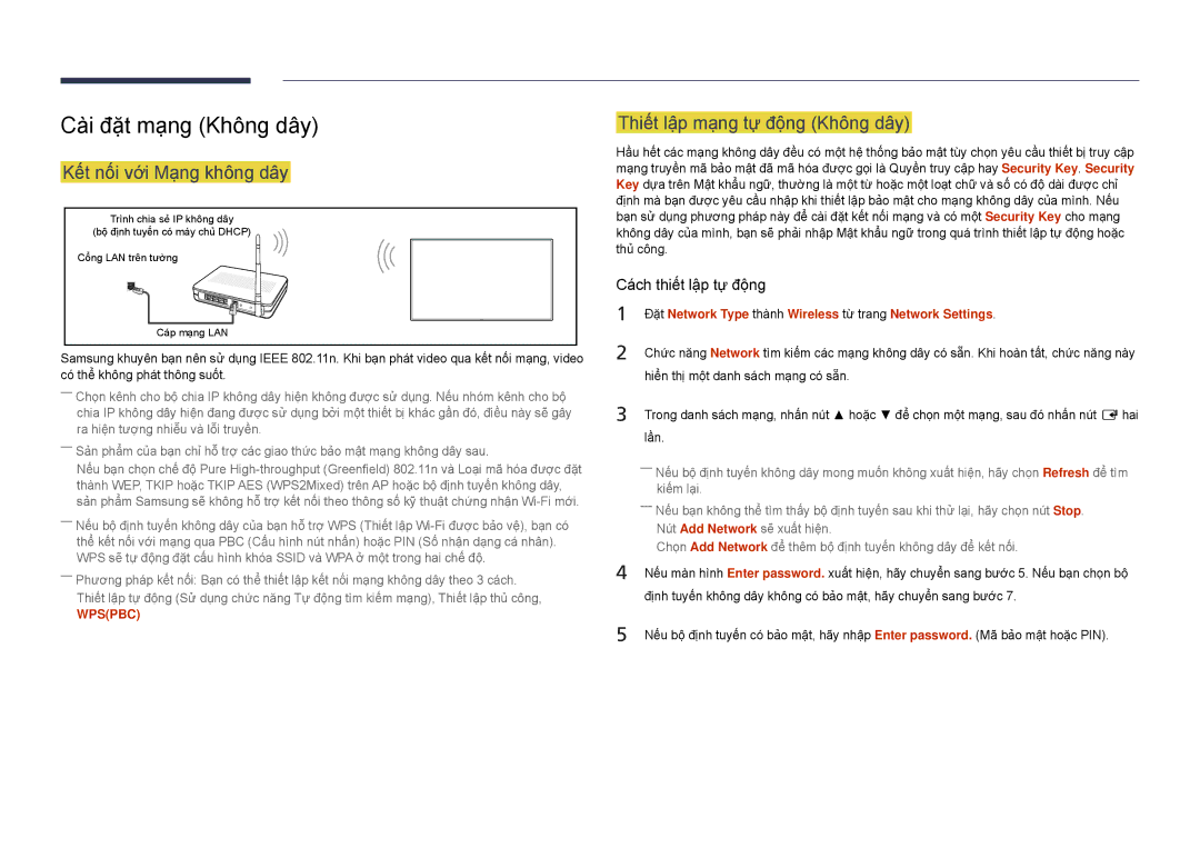 Samsung LH82DMDPLBC/XV manual Cà̀i đặt mạ̣ng Không dây, Thiết lập mạ̣ng tự̣ động Không dây, Kêt nối với Mạng không dây 