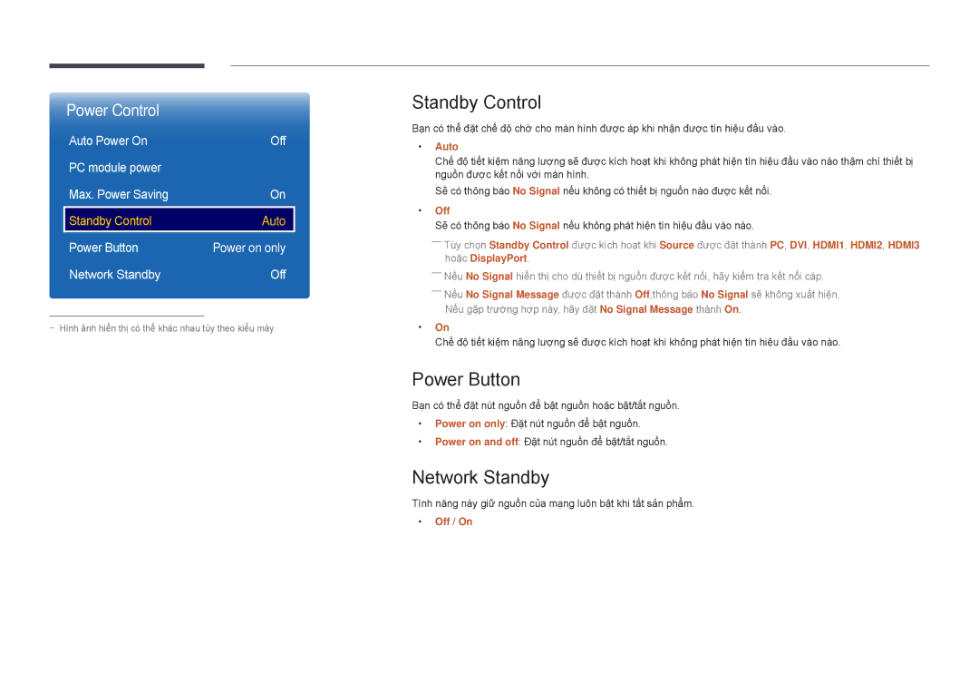 Samsung LH82DMDPLBC/XV Standby Control, Power Button, Network Standby, Auto Power On Off PC module power Max. Power Saving 