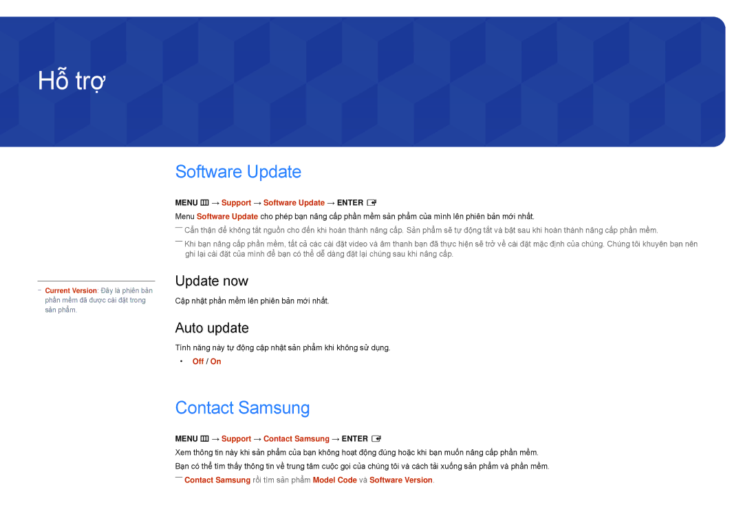 Samsung LH82DMDPLBC/XV, LH82DMDPLBC/XY manual Hỗ trợ, Software Update, Contact Samsung, Update now, Auto update 