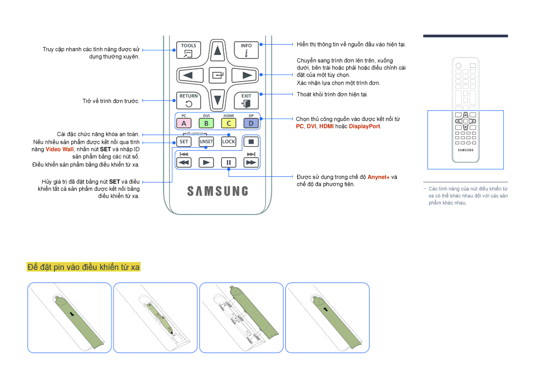 Samsung LH82DMDPLBC/XV, LH82DMDPLBC/XY manual Để đặt pin vào điều khiển từ xa, Dụng thường xuyên 