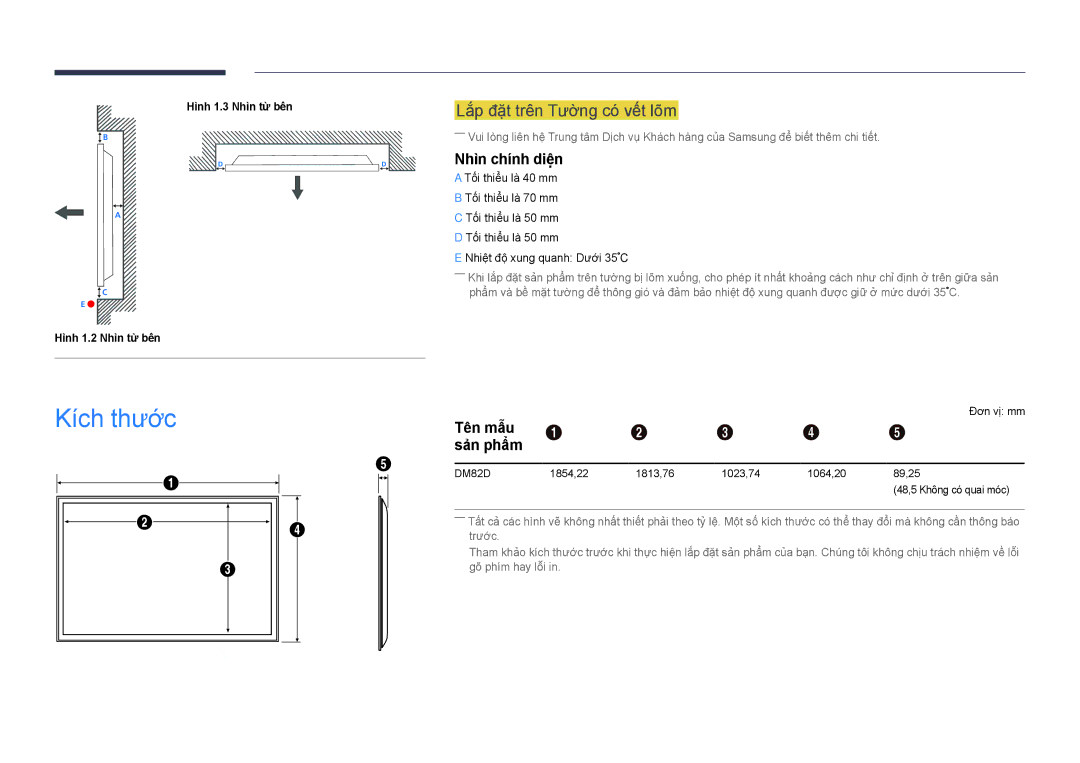 Samsung LH82DMDPLBC/XY manual Kích thươc, Lắp đặt trên Tườ̀ng có́ vế́t lõm, Nhìn chính diện, Tên mẫu, Sản phẩm 