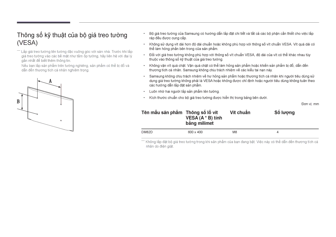Samsung LH82DMDPLBC/XY, LH82DMDPLBC/XV manual Thông sô kỹ thuật của bô giá treo tường Vesa 