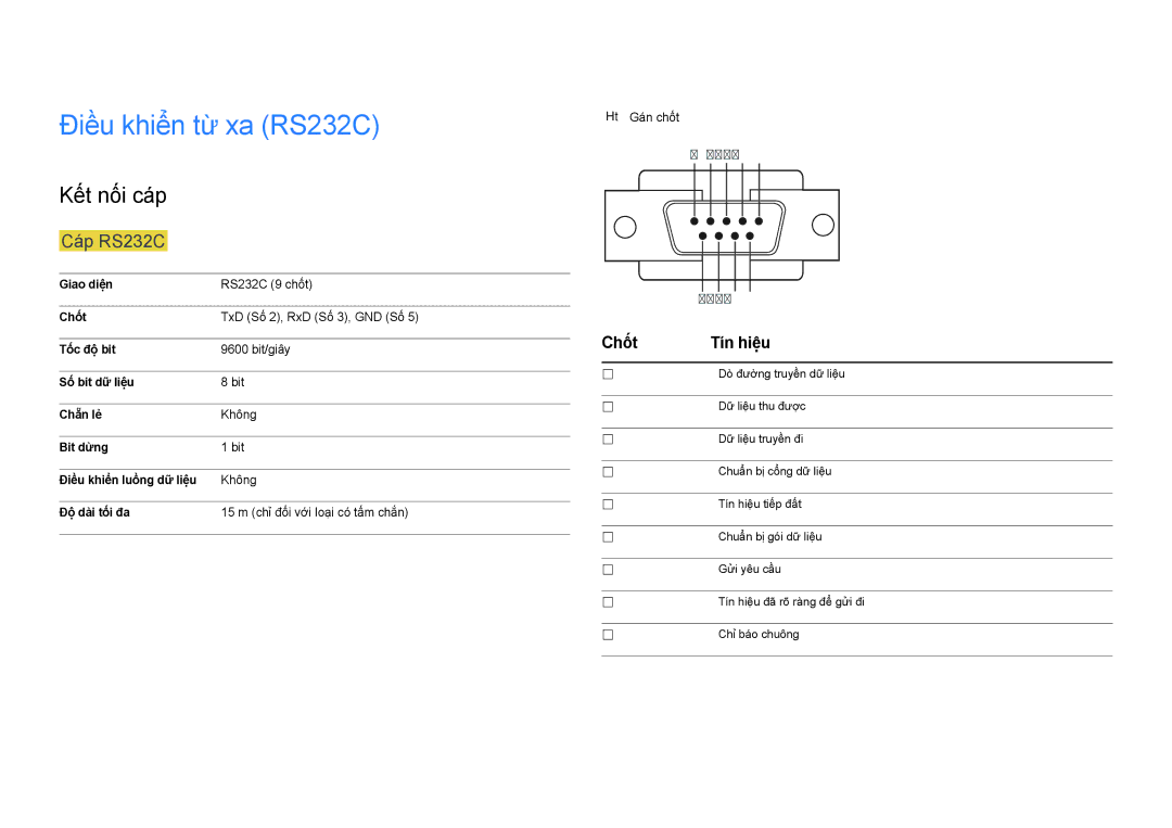 Samsung LH82DMDPLBC/XV, LH82DMDPLBC/XY manual Điều khiển từ xa RS232C, Kết nối cáp, Cap RS232C, Chốt Tín hiệ̣u 