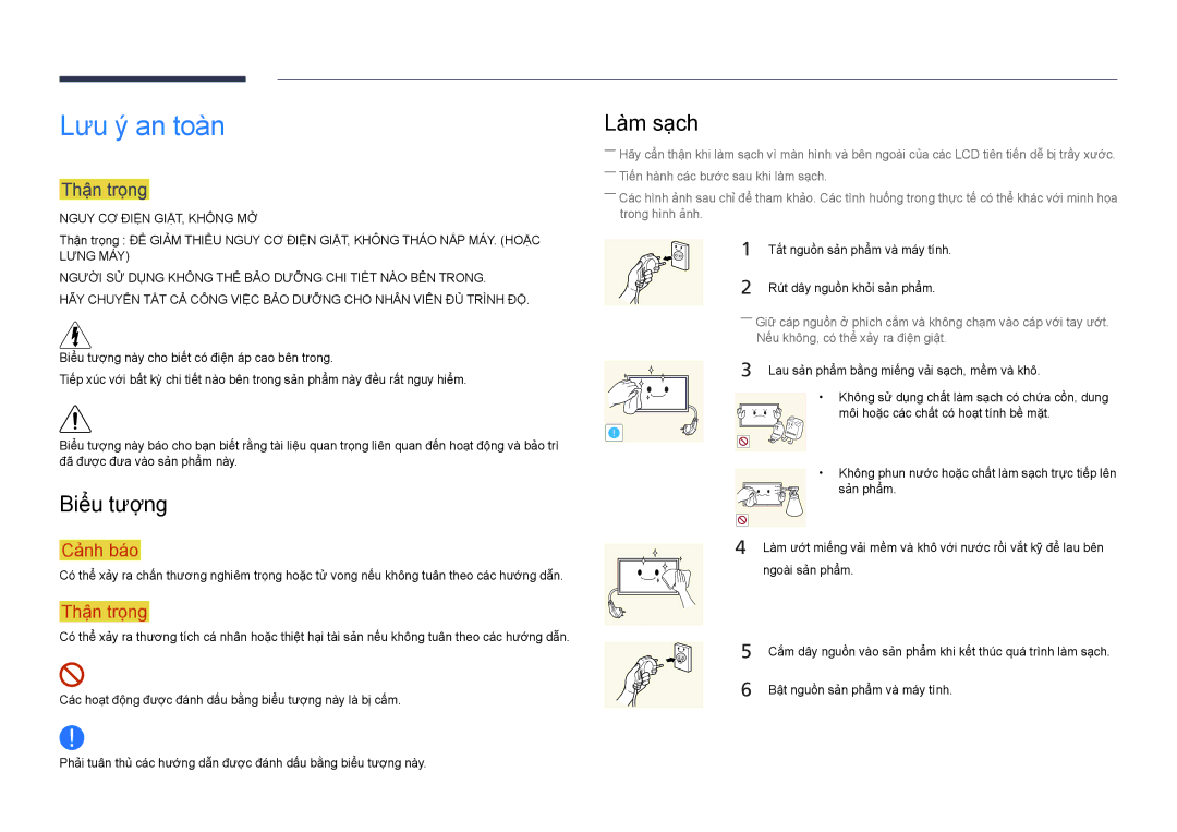 Samsung LH82DMDPLBC/XY, LH82DMDPLBC/XV manual Lưu ý an toàn, Làm sạch, Biểu tượng, Thận trọng 