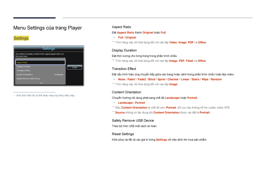 Samsung LH82DMDPLBC/XV manual Menu Settings của trang Player, Đặt Aspect Ratio thanh Original hoặc Full Full / Original 