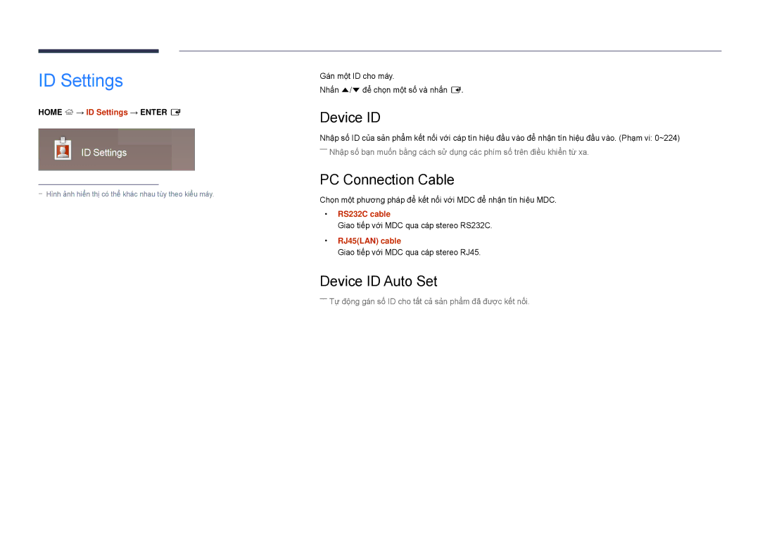 Samsung LH82DMDPLBC/XV, LH82DMDPLBC/XY manual ID Settings, PC Connection Cable, Device ID Auto Set 