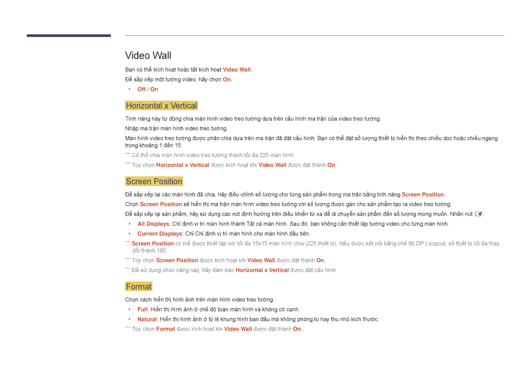 Samsung LH82DMDPLBC/XV, LH82DMDPLBC/XY manual Video Wall, Horizontal x Vertical, Screen Position, Format, Off / On 