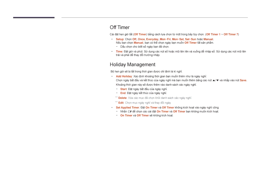 Samsung LH82DMDPLBC/XV, LH82DMDPLBC/XY manual Off Timer, Holiday Management 