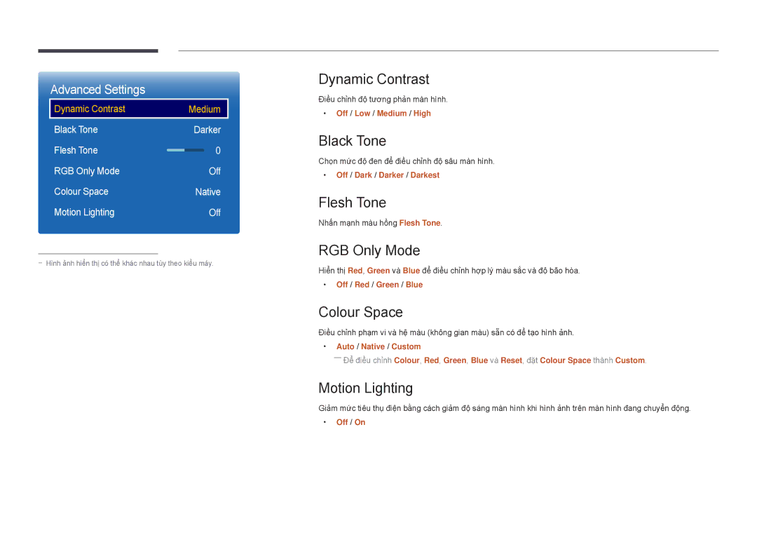 Samsung LH82DMDPLBC/XY manual Dynamic Contrast, Black Tone, Flesh Tone, RGB Only Mode, Colour Space, Motion Lighting 