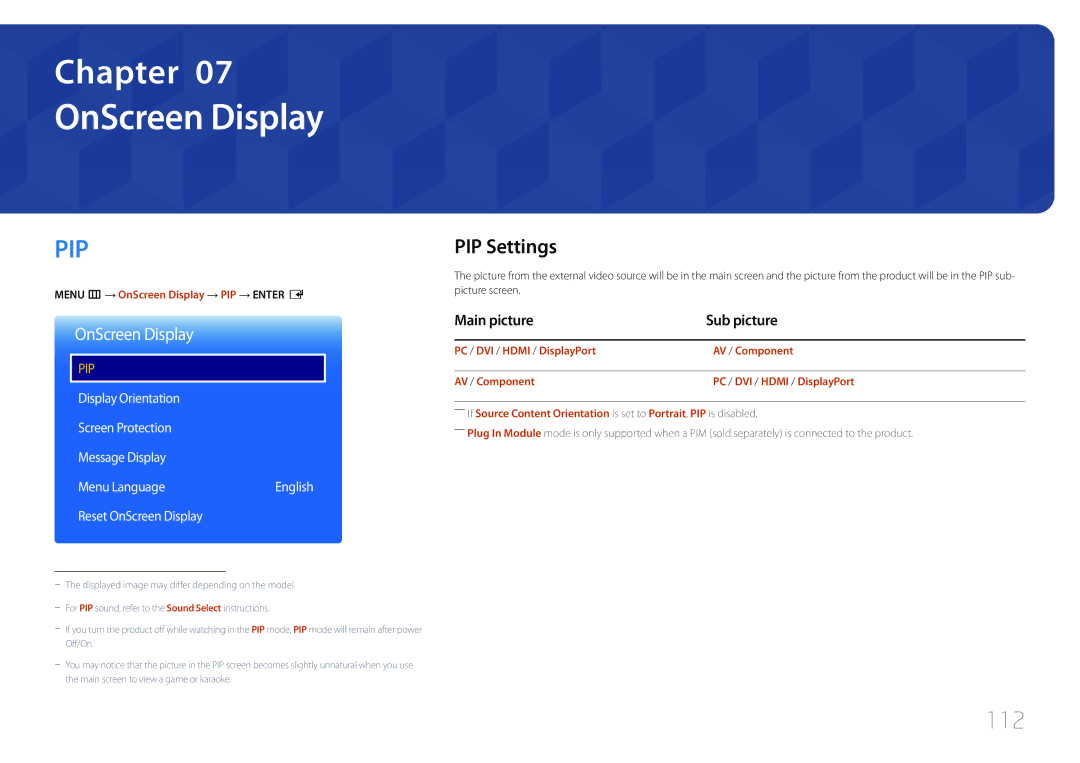 Samsung LH82DMERTBC/NG, LH82DMERTBC/EN, LH65DMERTBC/EN manual OnScreen Display, 112, PIP Settings, Main picture Sub picture 