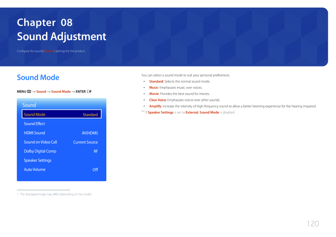 Samsung LH75DMERTBC/XV, LH82DMERTBC/EN, LH65DMERTBC/EN, LH75DMERTBC/EN, LH82DMEMTBC/EN manual Sound Adjustment, Sound Mode, 120 