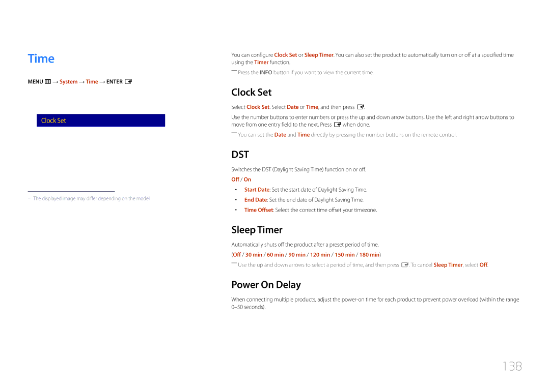 Samsung LH75DMERTBC/XV, LH82DMERTBC/EN, LH65DMERTBC/EN, LH75DMERTBC/EN manual 138, Clock Set, Sleep Timer, Power On Delay 