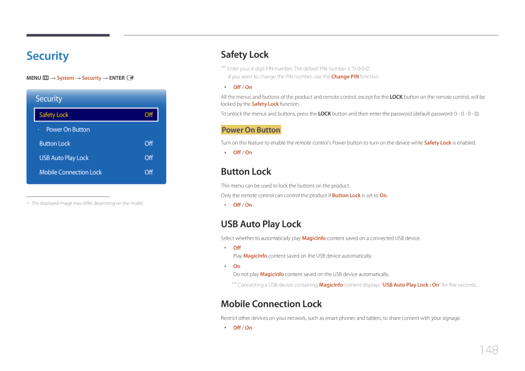 Samsung LH82DMERTBC/NG, LH82DMERTBC/EN, LH65DMERTBC/EN, LH75DMERTBC/EN, LH82DMEMTBC/EN, LH65DMERTBC/NG manual Security, 148 