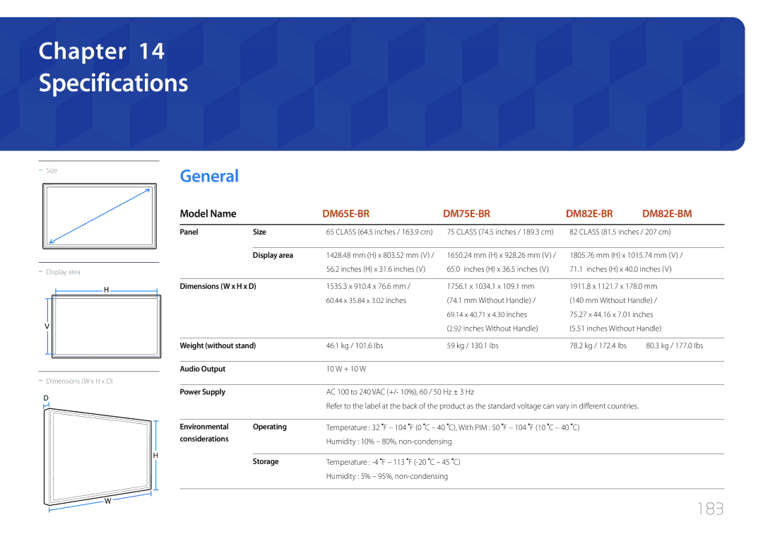 Samsung LH82DMEMTBC/EN, LH82DMERTBC/EN, LH65DMERTBC/EN, LH75DMERTBC/EN, LH82DMERTBC/NG, LH65DMERTBC/NG Specifications, 183 