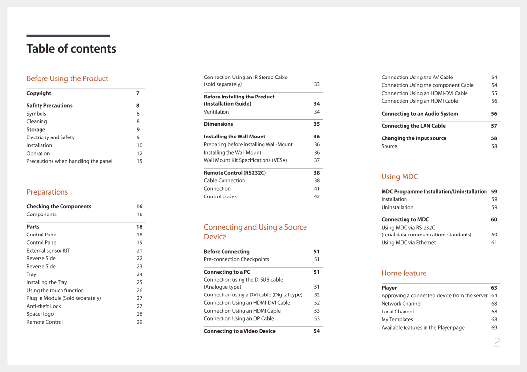 Samsung LH75DMERTBC/EN, LH82DMERTBC/EN, LH65DMERTBC/EN, LH82DMEMTBC/EN, LH82DMERTBC/NG, LH65DMERTBC/NG manual Table of contents 