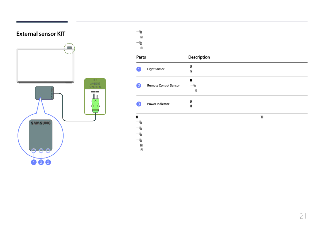 Samsung LH82DMEMTBC/EN manual External sensor KIT, Parts Description, Light sensor, Remote Control Sensor, Power indicator 