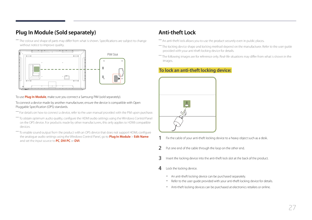 Samsung LH65DMERTBC/XD manual Plug In Module Sold separately, Anti-theft Lock, To lock an anti-theft locking device 