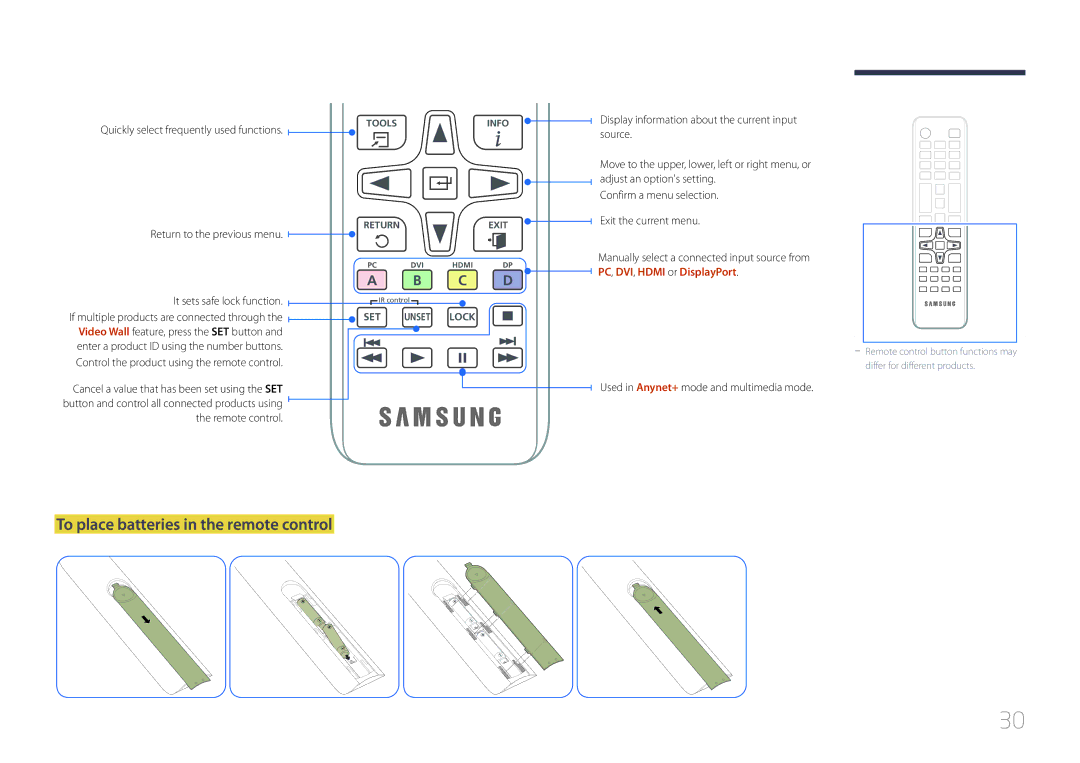 Samsung LH75DMERTBC/XV, LH82DMERTBC/EN To place batteries in the remote control, Quickly select frequently used functions 