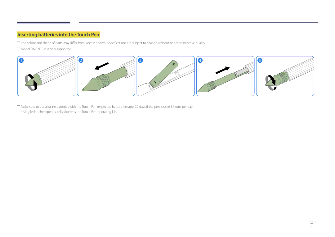 Samsung LH65DMERTBC/XS, LH82DMERTBC/EN, LH65DMERTBC/EN, LH75DMERTBC/EN, LH82DMEMTBC/EN Inserting batteries into the Touch Pen 