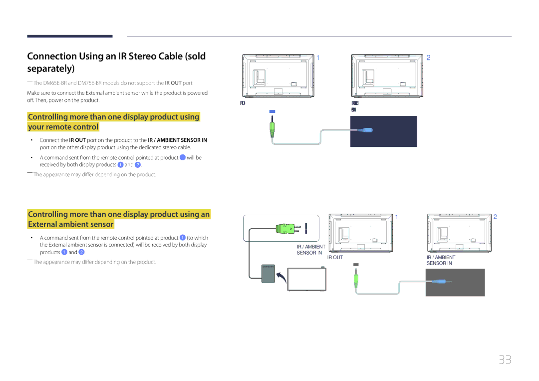 Samsung LH75DMERTBC/CH, LH82DMERTBC/EN, LH65DMERTBC/EN manual Connection Using an IR Stereo Cable sold Separately, Sensor 