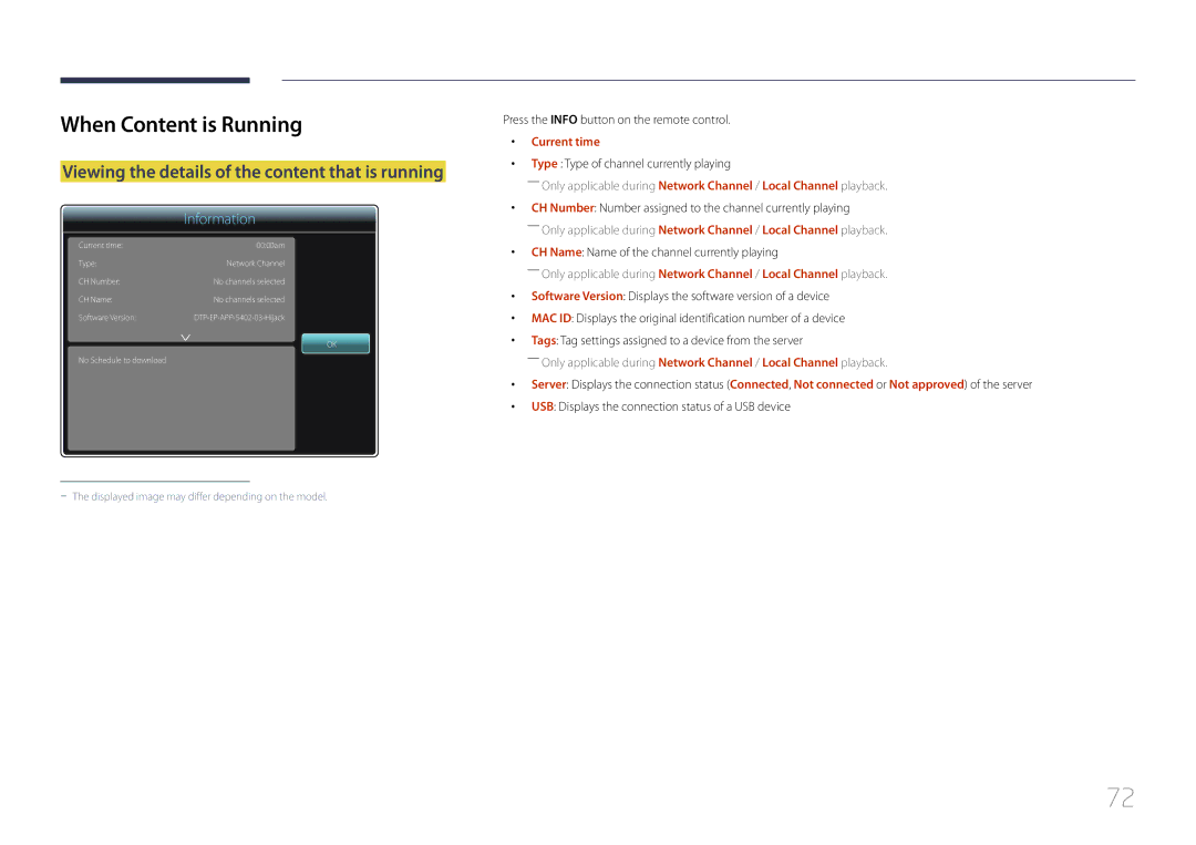 Samsung LH82DMERTBC/EN manual When Content is Running, Viewing the details of the content that is running, Current time 