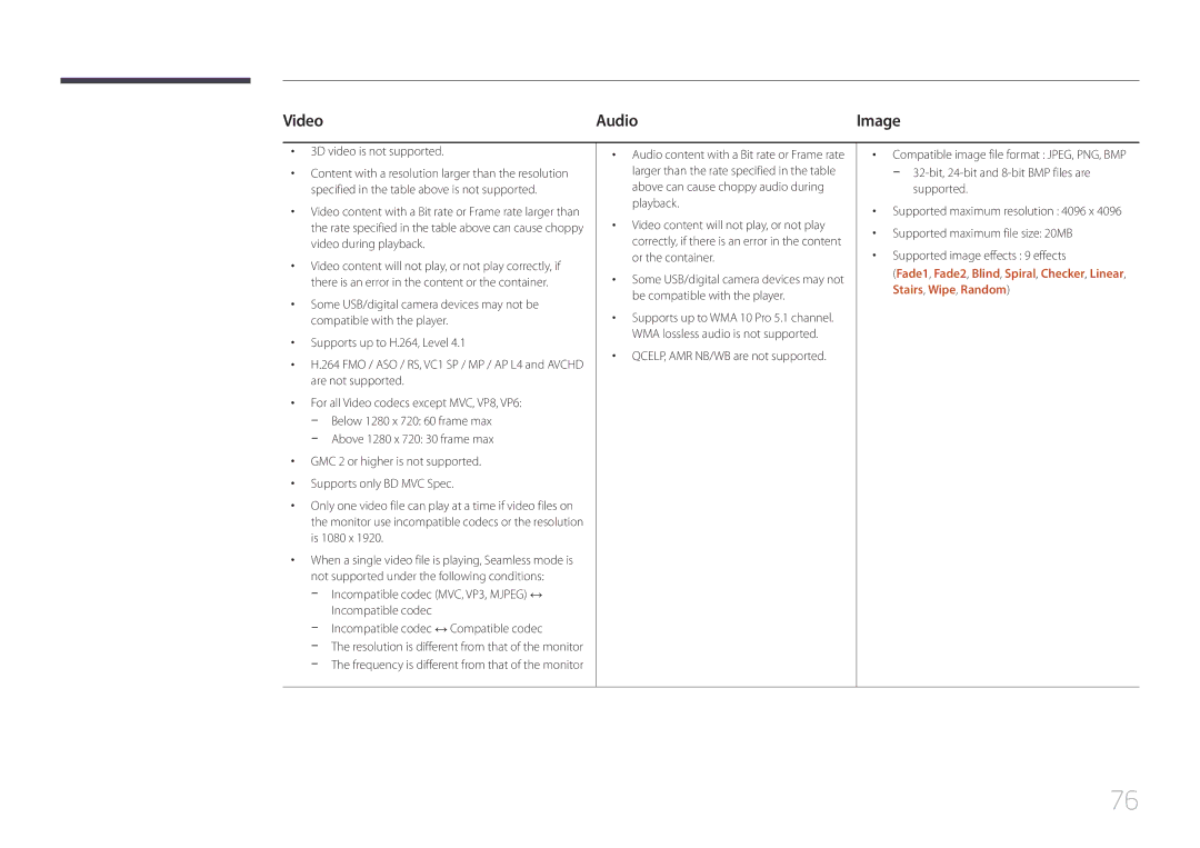 Samsung LH82DMERTBC/NG, LH82DMERTBC/EN manual Video Audio, 3D video is not supported, QCELP, AMR NB/WB are not supported 