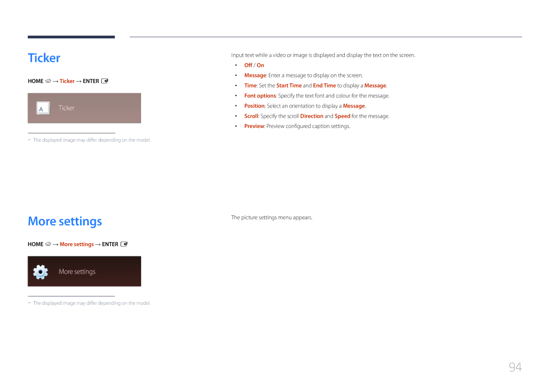 Samsung LH82DMERTBC/NG, LH82DMERTBC/EN, LH65DMERTBC/EN, LH75DMERTBC/EN manual Ticker, Home → More settings → Enter E 