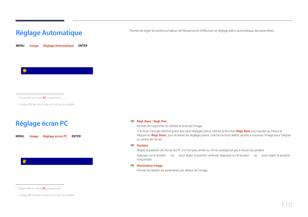 Samsung LH75DMERTBC/EN, LH82DMERTBC/EN, LH65DMERTBC/EN, LH82DMEMTBC/EN manual Réglage Automatique, Réglage écran PC, 110 
