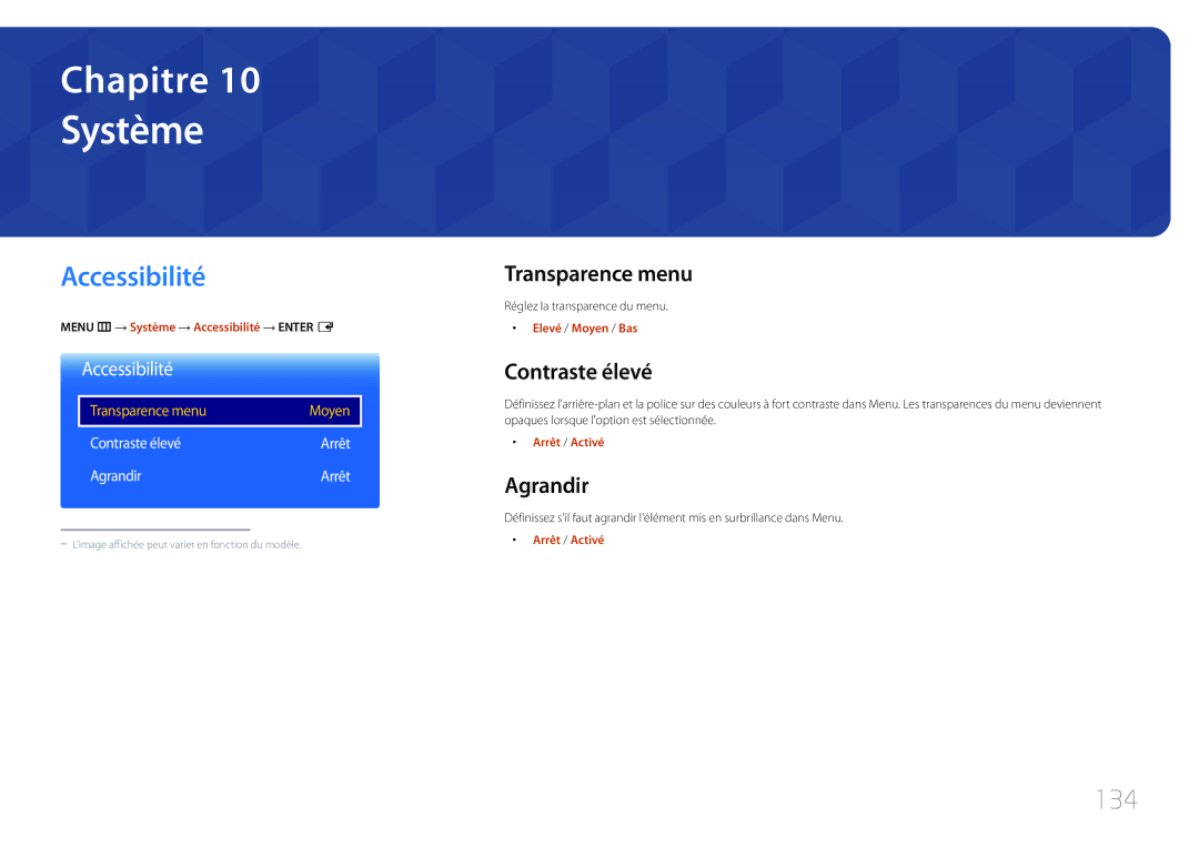 Samsung LH75DMERTBC/EN, LH82DMERTBC/EN, LH65DMERTBC/EN, LH82DMEMTBC/EN manual Système, Accessibilité, 134 