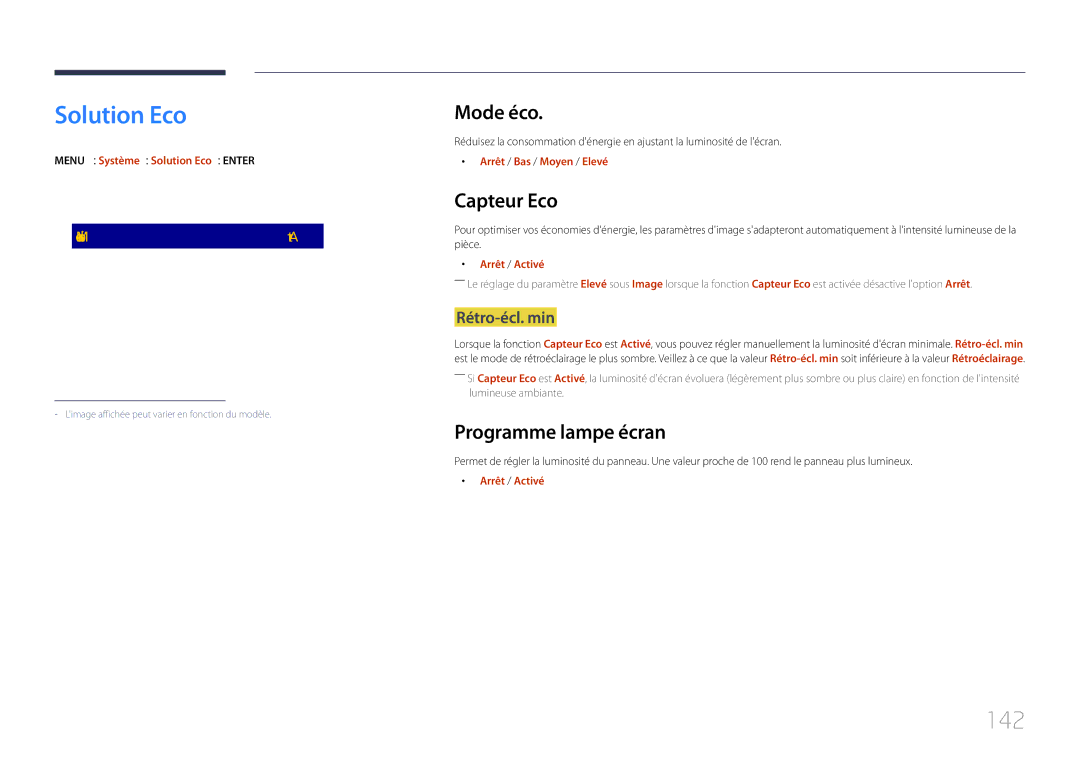 Samsung LH75DMERTBC/EN, LH82DMERTBC/EN, LH65DMERTBC/EN manual Solution Eco, 142, Mode éco, Capteur Eco, Programme lampe écran 
