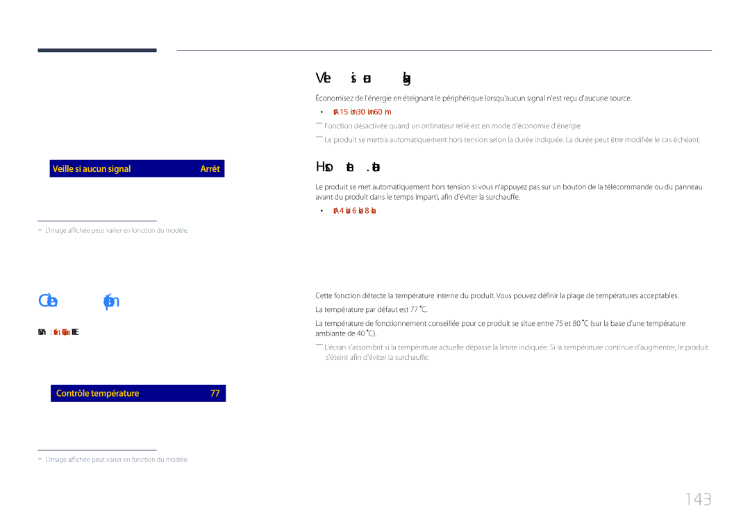 Samsung LH82DMEMTBC/EN, LH82DMERTBC/EN, LH65DMERTBC/EN Contrôle température, 143, Veille si aucun signal, Hors ten. auto 