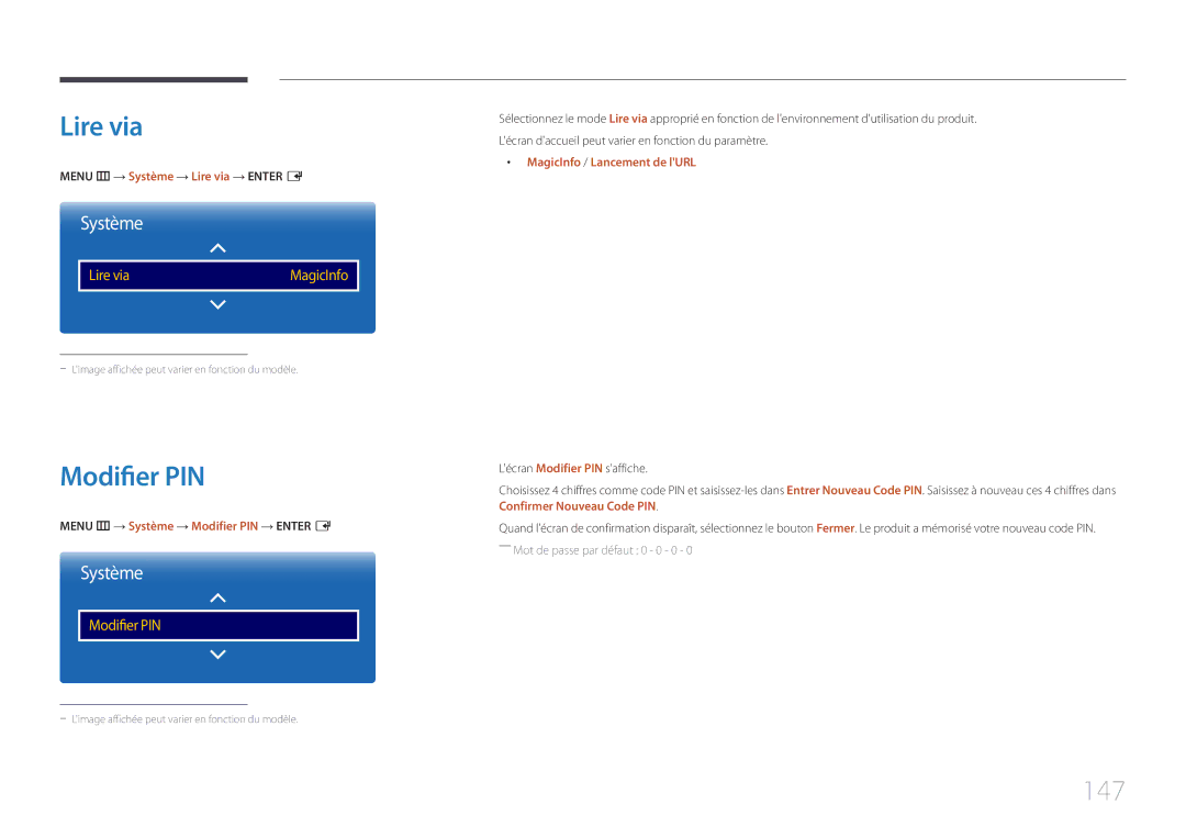 Samsung LH82DMEMTBC/EN, LH82DMERTBC/EN, LH65DMERTBC/EN manual Modifier PIN, 147, Menu m → Système → Lire via → Enter E 