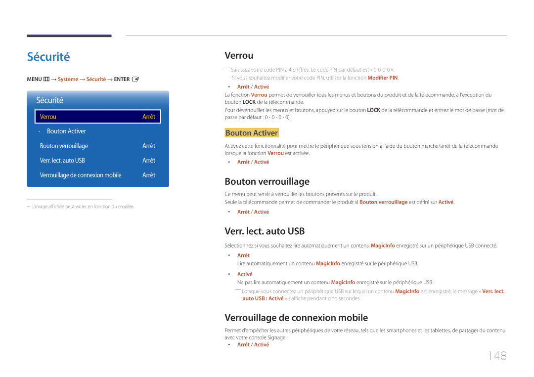 Samsung LH82DMERTBC/EN, LH65DMERTBC/EN, LH75DMERTBC/EN, LH82DMEMTBC/EN manual Sécurité, 148 