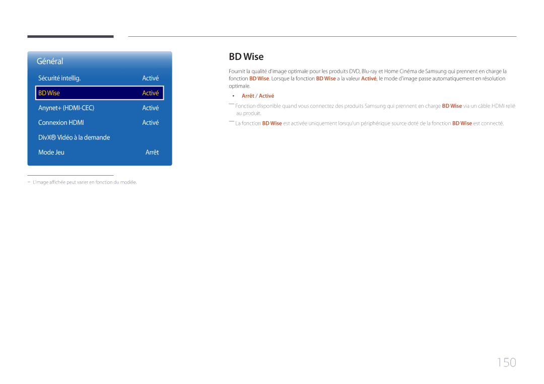 Samsung LH75DMERTBC/EN, LH82DMERTBC/EN, LH65DMERTBC/EN, LH82DMEMTBC/EN manual 150, BD Wise, Sécurité intellig 