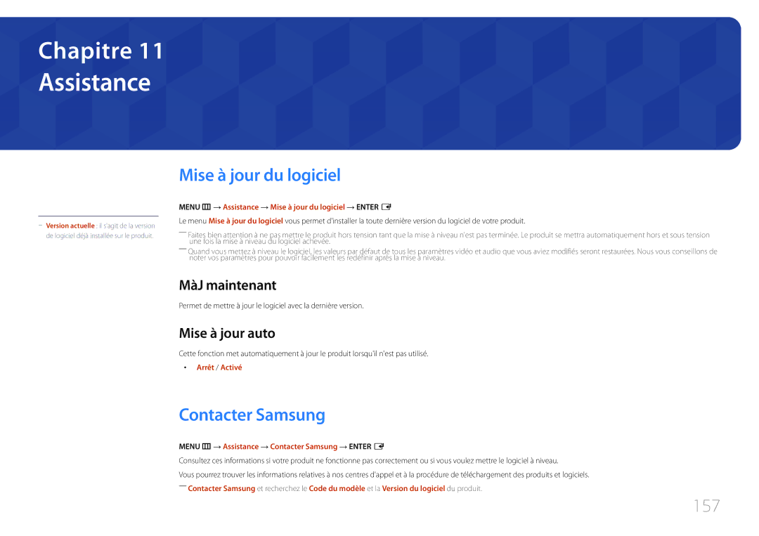 Samsung LH65DMERTBC/EN, LH82DMERTBC/EN, LH75DMERTBC/EN manual Assistance, Mise à jour du logiciel, Contacter Samsung, 157 