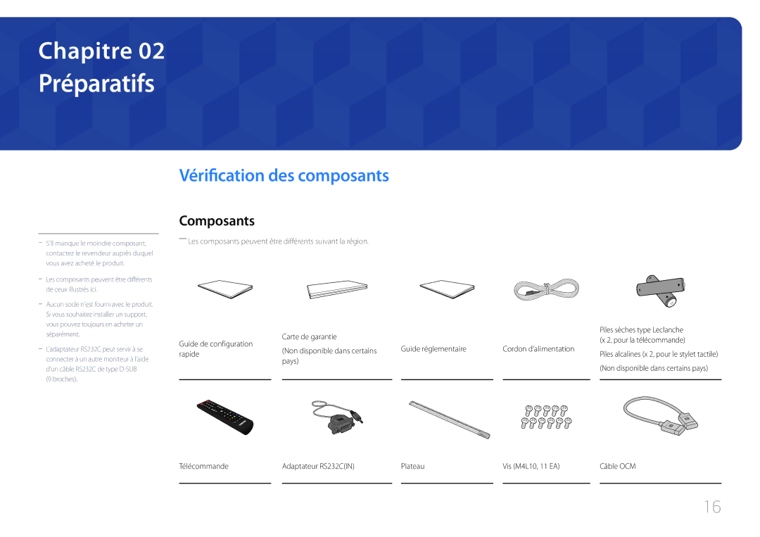 Samsung LH82DMERTBC/EN, LH65DMERTBC/EN, LH75DMERTBC/EN Préparatifs, Vérification des composants, Composants, Rapide, Pays 