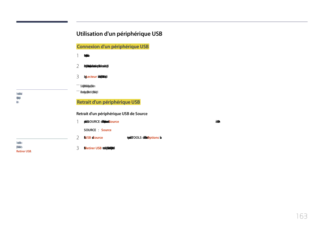 Samsung LH82DMEMTBC/EN 163, Utilisation dun périphérique USB, Connexion dun périphérique USB, Retrait dun périphérique USB 