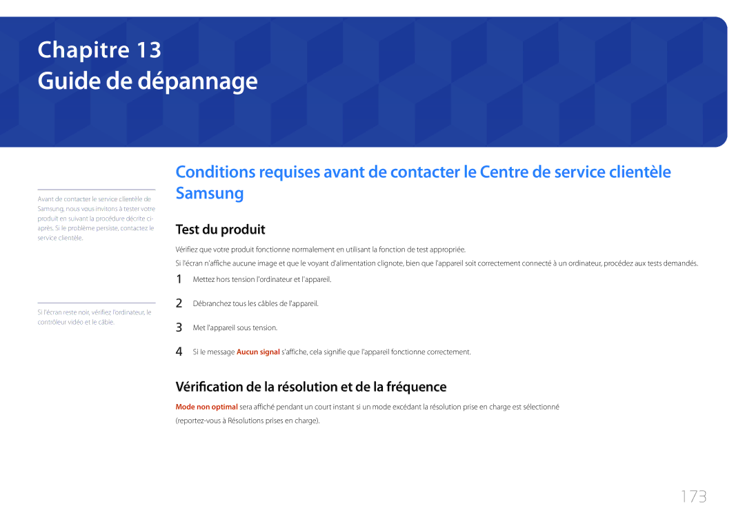 Samsung LH65DMERTBC/EN manual Guide de dépannage, 173, Test du produit, Vérification de la résolution et de la fréquence 