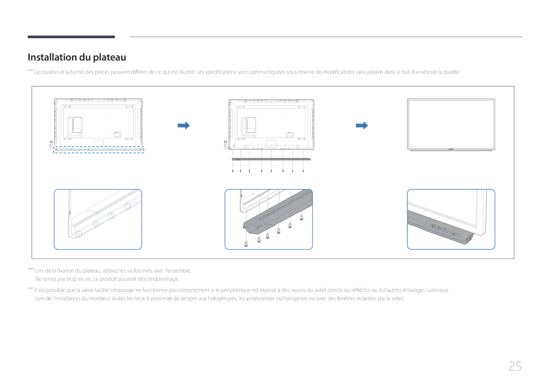 Samsung LH65DMERTBC/EN, LH82DMERTBC/EN, LH75DMERTBC/EN, LH82DMEMTBC/EN manual Installation du plateau 