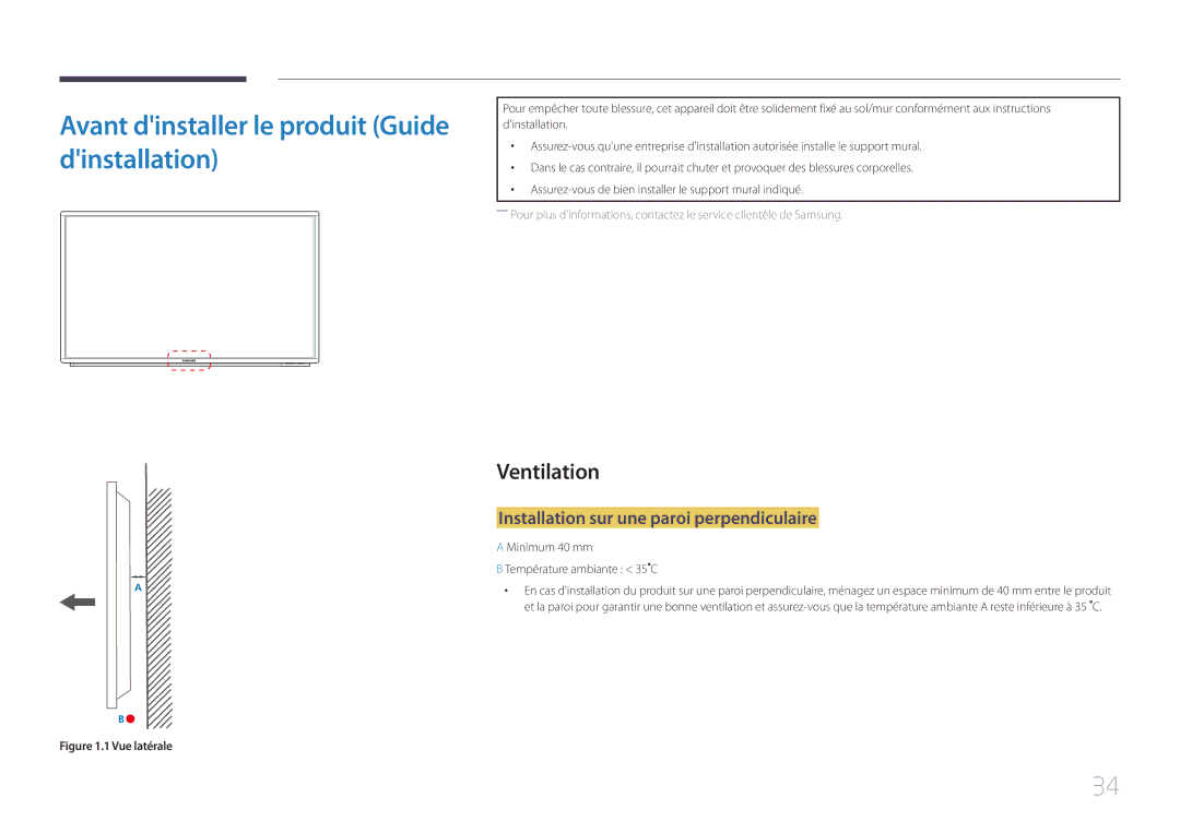 Samsung LH75DMERTBC/EN, LH82DMERTBC/EN, LH65DMERTBC/EN manual Avant dinstaller le produit Guide dinstallation, Ventilation 