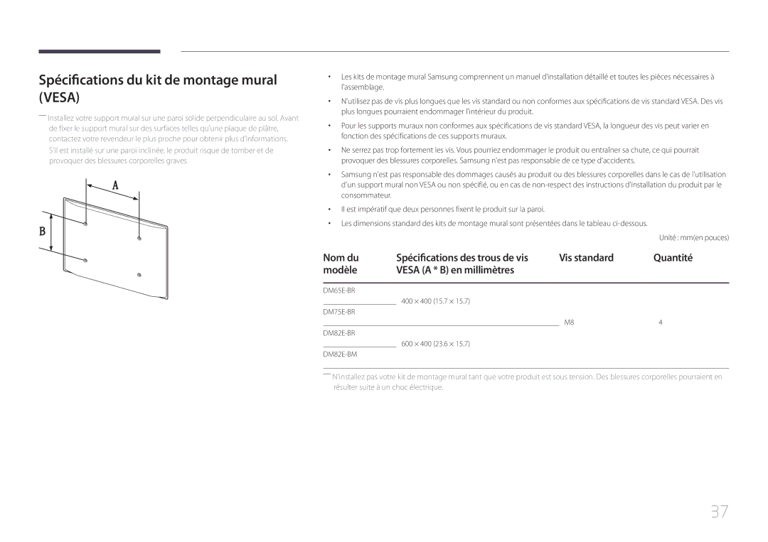 Samsung LH65DMERTBC/EN, LH82DMERTBC/EN, LH75DMERTBC/EN, LH82DMEMTBC/EN manual Spécifications du kit de montage mural Vesa 