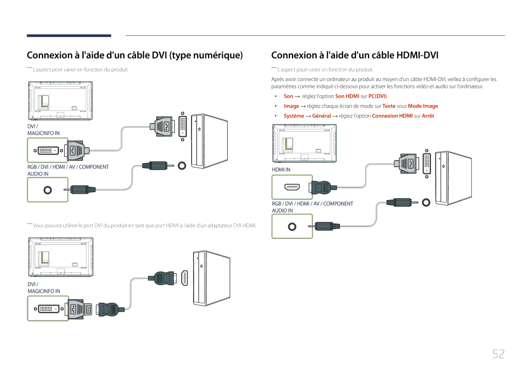 Samsung LH82DMERTBC/EN manual Connexion à laide dun câble DVI type numérique, Connexion à laide dun câble HDMI-DVI 