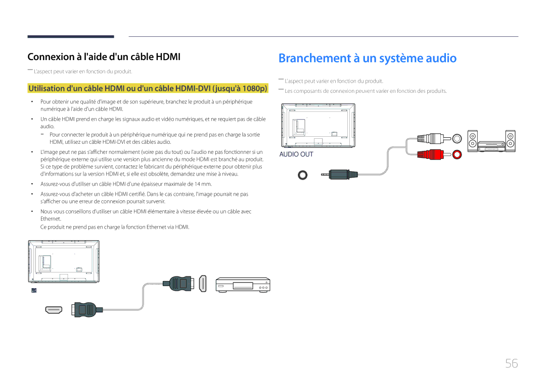 Samsung LH82DMERTBC/EN, LH65DMERTBC/EN, LH75DMERTBC/EN Branchement à un système audio, Connexion à laide dun câble Hdmi 